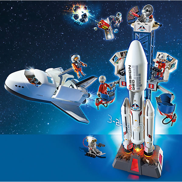 Playmobil Navette spatiale, Satellite avec laser, météoroïde et base de  lancement avec fusée